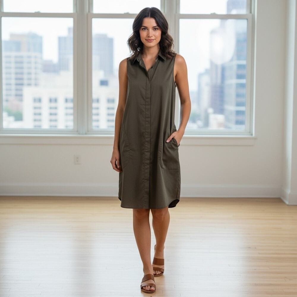 Theory Shirt Dress Sleeveless Size 12 Olive Green Button Front Pockets NO BELT